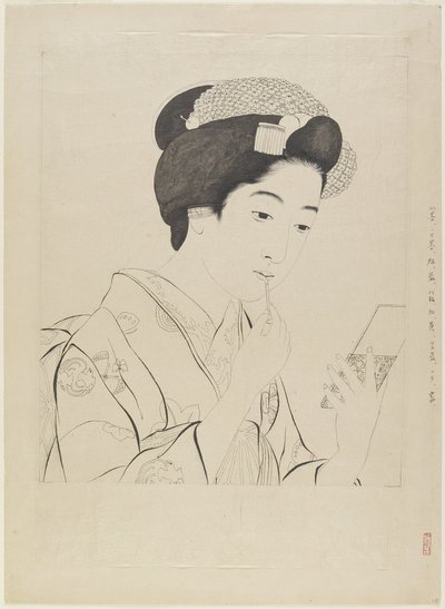 Disegno a Inchiostro per Donna che Tiene un Pennello per le Labbra, 1919 da Goyo Hashiguchi